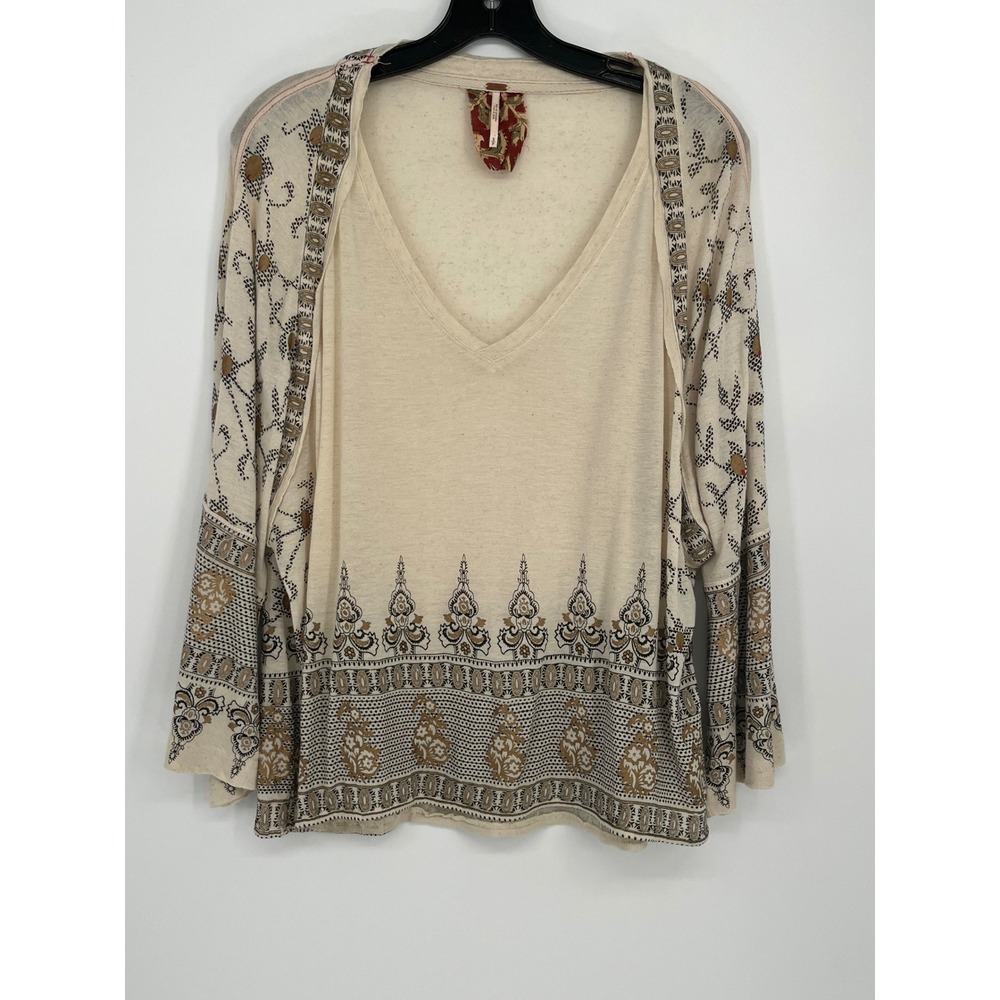 Free People Linen Blend Metallic Border Print Bell Sleeve Top Women S Cream